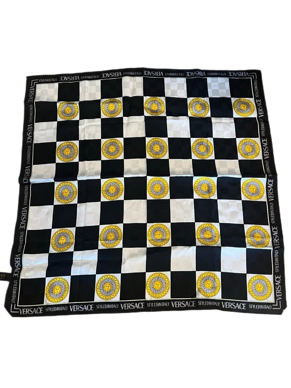 Versace Black, White & Yellow Checkerboard Medallion Sun Square Scarf